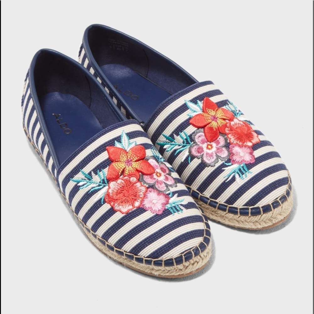 ALDO Espadrille Shoes Womens Qaressi Floral Embroidery Navy Striped Nautical